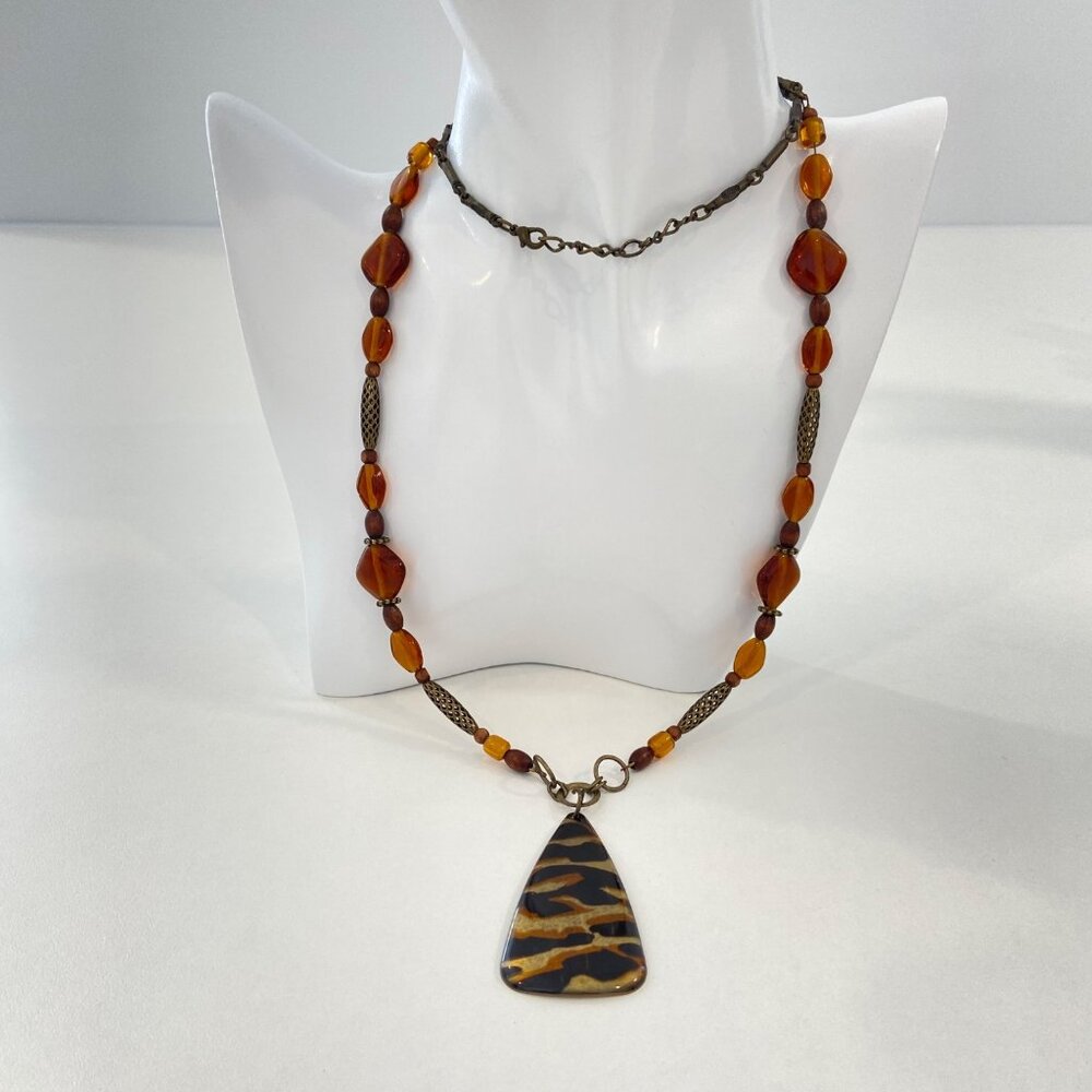 Vintage Y2K Tortoiseshell Pendant Necklace With Amber-Tone Glass Beads & Brass C